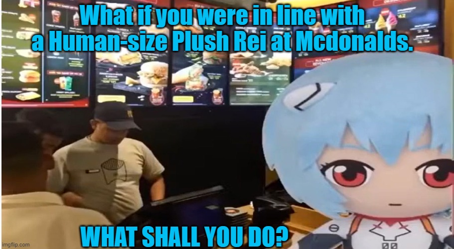 What if you in line with Human-size Rei plush | What if you were in line with a Human-size Plush Rei at Mcdonalds. WHAT SHALL YOU DO? | image tagged in neon genesis evangelion,mcdonalds | made w/ Imgflip meme maker