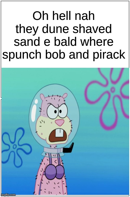 Spunch Bob Memes (SAND E) | Oh hell nah they dune shaved sand e bald where spunch bob and pirack | image tagged in spongebob,gen z,sandy cheeks,spongebob squarepants,bad grammar and spelling memes,patrick | made w/ Imgflip meme maker