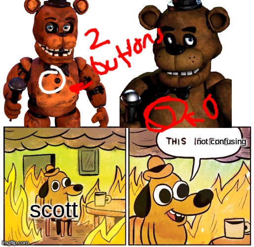 IF THEY ARE THE SAME, WHY DOES W. FREDDY HAVE BUTTONS?? | not confusing; scott | image tagged in memes,this is fine | made w/ Imgflip meme maker