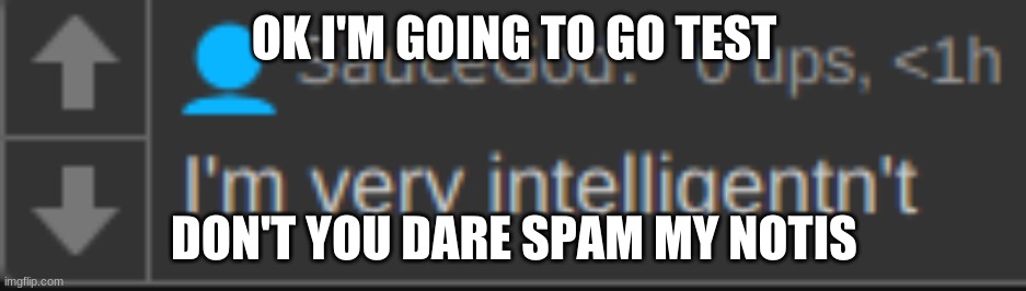 I'm very intelligentn't | OK I'M GOING TO GO TEST; DON'T YOU DARE SPAM MY NOTIS | image tagged in i'm very intelligentn't | made w/ Imgflip meme maker