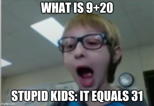 Stupid Kids Be Like | WHAT IS 9+20; STUPID KIDS: IT EQUALS 31 | image tagged in stupid kid | made w/ Imgflip meme maker