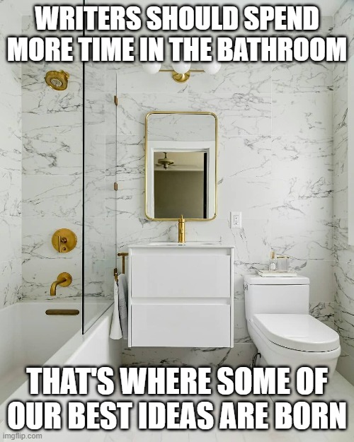 Writers in the bathroom | WRITERS SHOULD SPEND MORE TIME IN THE BATHROOM; THAT'S WHERE SOME OF OUR BEST IDEAS ARE BORN | image tagged in writing,bathroom,inspiration | made w/ Imgflip meme maker