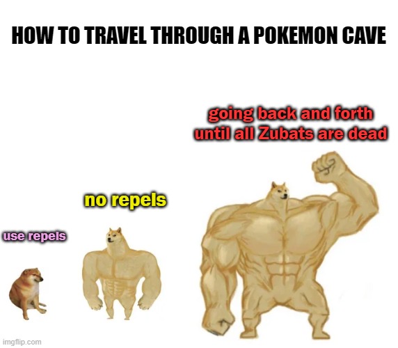 How to travel through a Pokemon Cave | HOW TO TRAVEL THROUGH A POKEMON CAVE; going back and forth until all Zubats are dead; no repels; use repels | image tagged in cheems buff doge ultra doge,pokemon,zubat,cave,traveling,doge | made w/ Imgflip meme maker