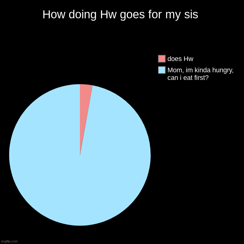 How doing Hw goes for my sis | Mom, im kinda hungry, can i eat first?, does Hw | image tagged in charts,pie charts,homework,distraction | made w/ Imgflip chart maker