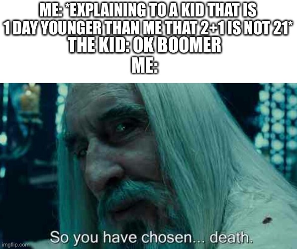 So you have chosen death | ME: *EXPLAINING TO A KID THAT IS 1 DAY YOUNGER THAN ME THAT 2+1 IS NOT 21*; THE KID: OK BOOMER
ME: | image tagged in so you have chosen death | made w/ Imgflip meme maker