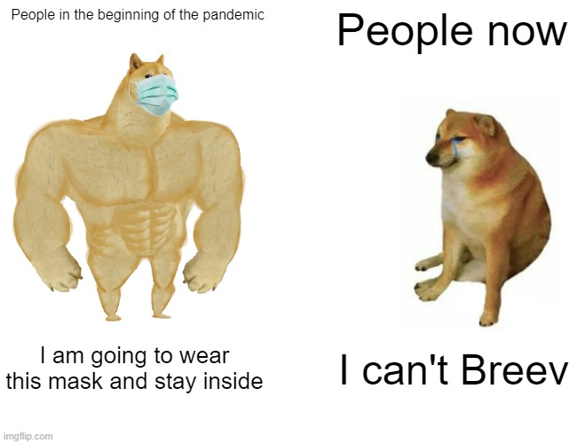 Buff Doge vs. Cheems Meme | People in the beginning of the pandemic; People now; I am going to wear this mask and stay inside; I can't Breev | image tagged in memes,buff doge vs cheems | made w/ Imgflip meme maker