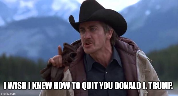 Brokeback Mountain Wish I Knew How To Quit You | I WISH I KNEW HOW TO QUIT YOU DONALD J. TRUMP. | image tagged in brokeback mountain wish i knew how to quit you | made w/ Imgflip meme maker