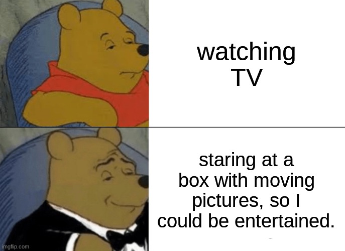 Tuxedo Winnie The Pooh | watching TV; staring at a box with moving pictures, so I could be entertained. | image tagged in memes,tuxedo winnie the pooh,and now for something completely different,different | made w/ Imgflip meme maker
