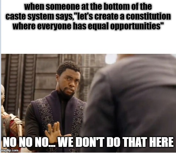 We don't do that here | when someone at the bottom of the caste system says,"let's create a constitution where everyone has equal opportunities"; NO NO NO... WE DON'T DO THAT HERE | image tagged in we don't do that here,caste | made w/ Imgflip meme maker