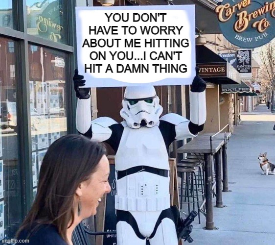 Oh What a Relief | YOU DON'T HAVE TO WORRY ABOUT ME HITTING ON YOU...I CAN'T HIT A DAMN THING | image tagged in stormtrooper with sign | made w/ Imgflip meme maker