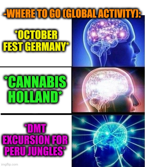 -Massive map. | -WHERE TO GO (GLOBAL ACTIVITY):; *OCTOBER FEST GERMANY*; *CANNABIS HOLLAND*; *DMT EXCURSION FOR PERU JUNGLES* | image tagged in expanding brain 3 panels,holland,smoke weed everyday,hold my beer,hallucinate,fantastic beasts and where to find them | made w/ Imgflip meme maker