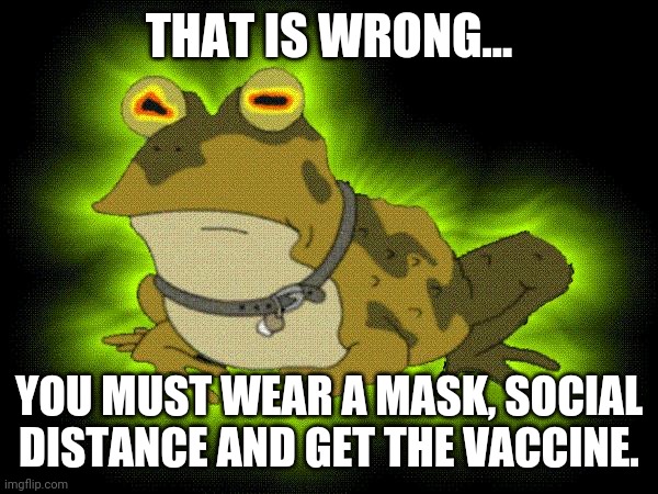 hypnotoad | THAT IS WRONG... YOU MUST WEAR A MASK, SOCIAL DISTANCE AND GET THE VACCINE. | image tagged in hypnotoad | made w/ Imgflip meme maker