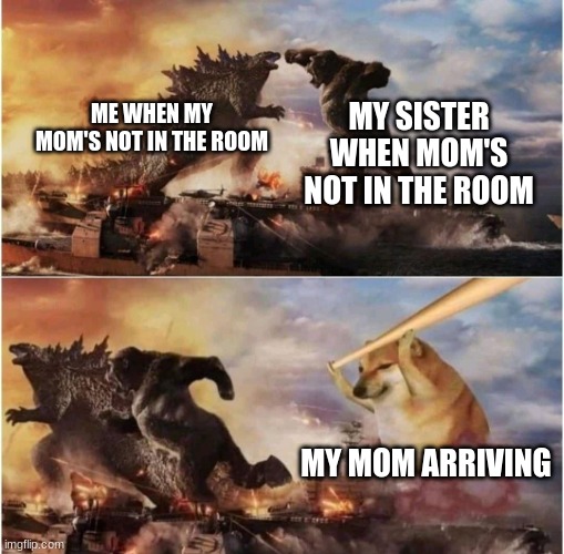 We couldn't act in time | MY SISTER WHEN MOM'S NOT IN THE ROOM; ME WHEN MY MOM'S NOT IN THE ROOM; MY MOM ARRIVING | image tagged in kong godzilla doge | made w/ Imgflip meme maker