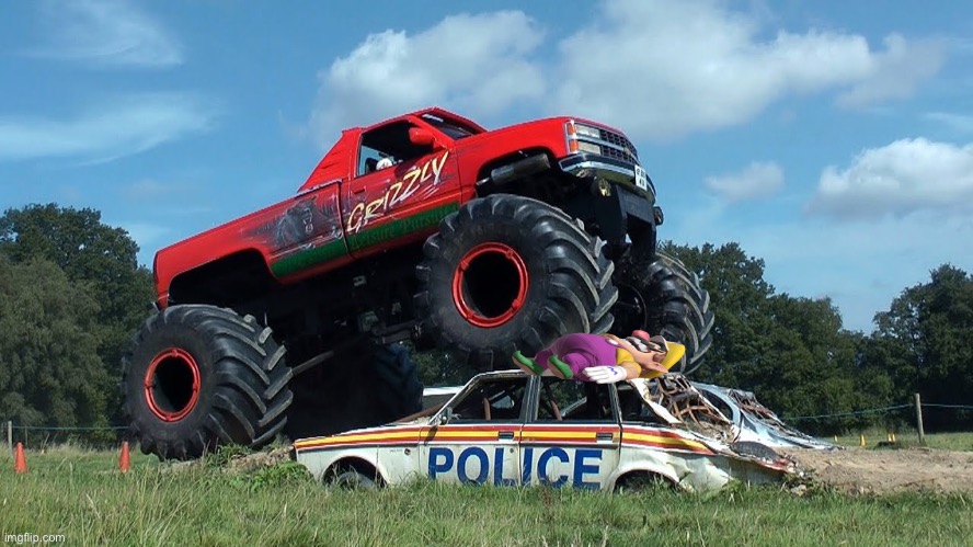 Wario gets crushed by a monster truck.mp3 | image tagged in monster truck crushing car | made w/ Imgflip meme maker