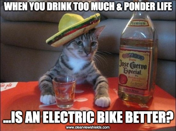 Tequila Cat Ponder | WHEN YOU DRINK TOO MUCH & PONDER LIFE; ...IS AN ELECTRIC BIKE BETTER? www.clearviewshields.com | image tagged in tequila cat,motorcycle,motorcycles,memes | made w/ Imgflip meme maker