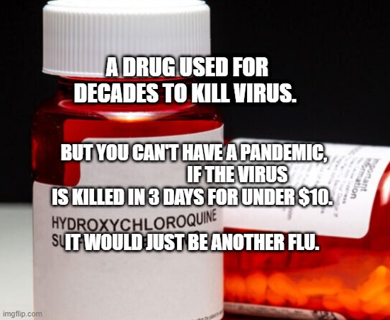 Hydroxychloroquine | A DRUG USED FOR DECADES TO KILL VIRUS. BUT YOU CAN'T HAVE A PANDEMIC,                         IF THE VIRUS IS KILLED IN 3 DAYS FOR UNDER $10.                                   
         IT WOULD JUST BE ANOTHER FLU. | image tagged in hydroxychloroquine | made w/ Imgflip meme maker
