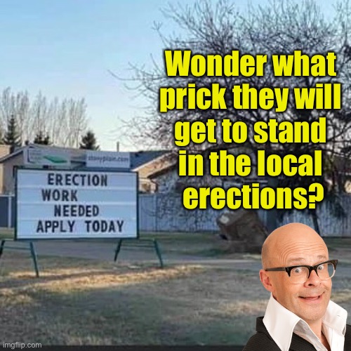 Don’t forget to vote in the local erections | Wonder what 
prick they will 
get to stand 
in the local 
erections? | image tagged in funny signs,election | made w/ Imgflip meme maker