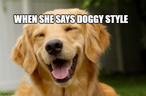 Doggy Smile | WHEN SHE SAYS DOGGY STYLE | image tagged in doggy smile | made w/ Imgflip meme maker