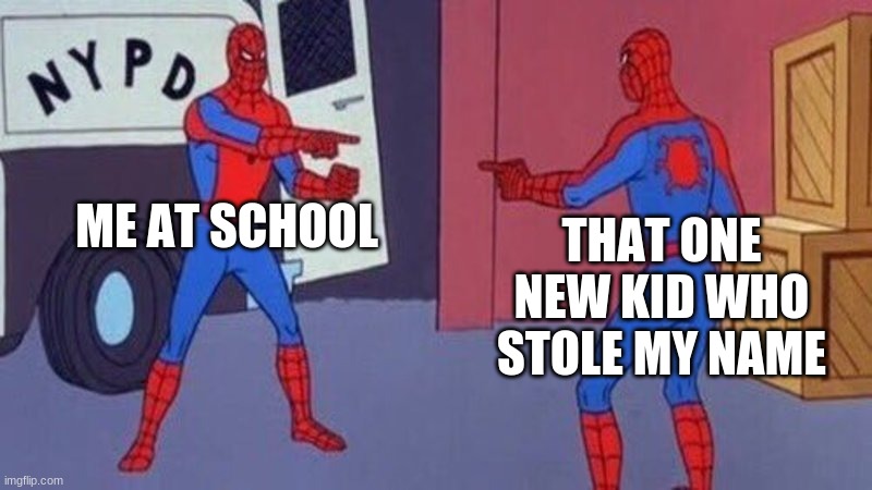 this do be right tho | ME AT SCHOOL; THAT ONE NEW KID WHO STOLE MY NAME | image tagged in spiderman pointing at spiderman | made w/ Imgflip meme maker