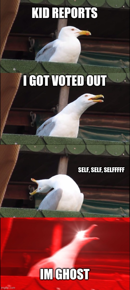 me | KID REPORTS; I GOT VOTED OUT; SELF, SELF, SELFFFFF; IM GHOST | image tagged in memes,inhaling seagull | made w/ Imgflip meme maker
