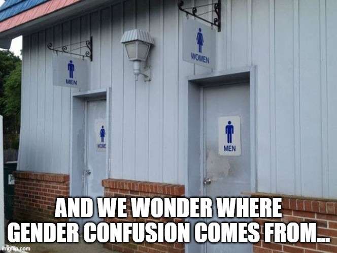Going to the Menwomen's Room | AND WE WONDER WHERE GENDER CONFUSION COMES FROM... | image tagged in you had one job | made w/ Imgflip meme maker