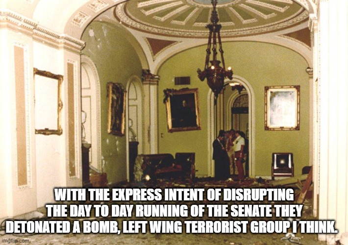 WITH THE EXPRESS INTENT OF DISRUPTING THE DAY TO DAY RUNNING OF THE SENATE THEY DETONATED A BOMB, LEFT WING TERRORIST GROUP I THINK. | made w/ Imgflip meme maker