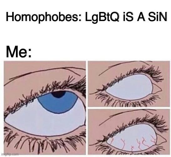 Homophobes: LgBtQ iS A SiN; Me: | image tagged in blank white template,eye roll | made w/ Imgflip meme maker