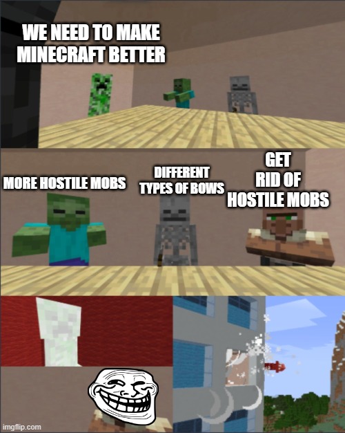 Minecraft boardroom meeting | WE NEED TO MAKE MINECRAFT BETTER; GET RID OF HOSTILE MOBS; MORE HOSTILE MOBS; DIFFERENT TYPES OF BOWS | image tagged in minecraft boardroom meeting | made w/ Imgflip meme maker