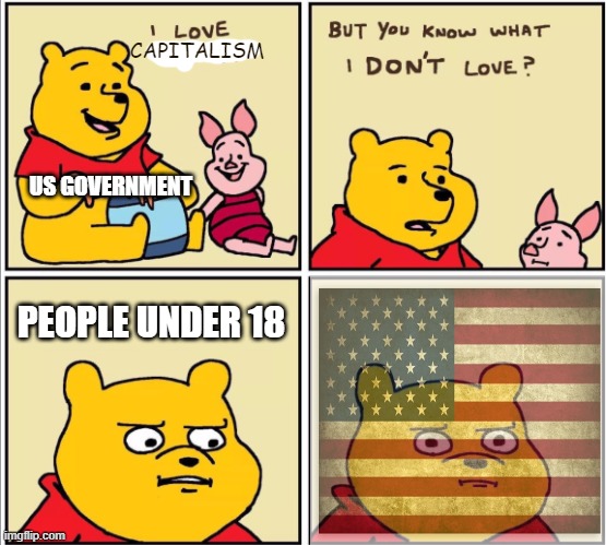 THATS YOUNGER THAN MEEEEEEEE | CAPITALISM; US GOVERNMENT; PEOPLE UNDER 18 | image tagged in serious winnie the pooh,people under 18 | made w/ Imgflip meme maker