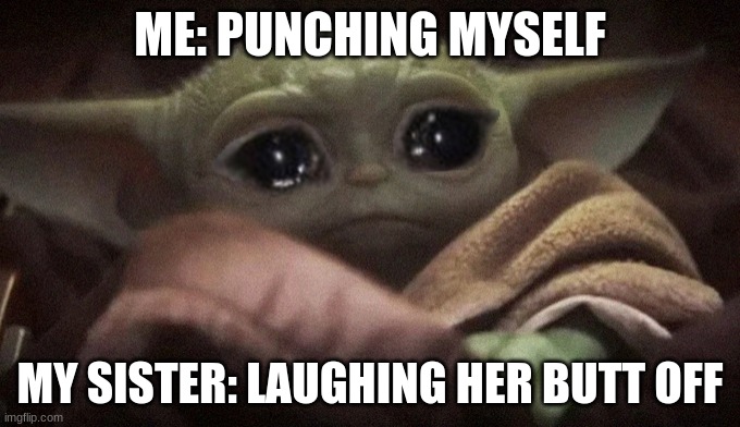 Crying Baby Yoda | ME: PUNCHING MYSELF; MY SISTER: LAUGHING HER BUTT OFF | image tagged in crying baby yoda | made w/ Imgflip meme maker