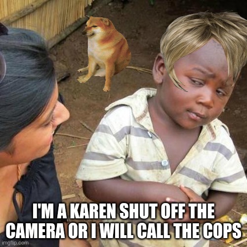 Karen in a nutshell | I'M A KAREN SHUT OFF THE CAMERA OR I WILL CALL THE COPS | image tagged in memes,third world skeptical kid | made w/ Imgflip meme maker