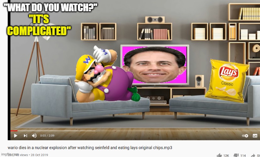 Wario dies in a nuclear explosion. | "WHAT DO YOU WATCH?"; "IT'S COMPLICATED" | image tagged in memes,wario | made w/ Imgflip meme maker