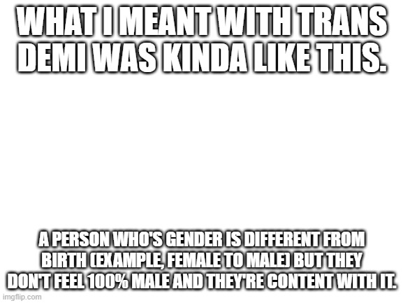 Blank White Template | WHAT I MEANT WITH TRANS DEMI WAS KINDA LIKE THIS. A PERSON WHO'S GENDER IS DIFFERENT FROM BIRTH (EXAMPLE, FEMALE TO MALE) BUT THEY DON'T FEEL 100% MALE AND THEY'RE CONTENT WITH IT. | image tagged in blank white template | made w/ Imgflip meme maker