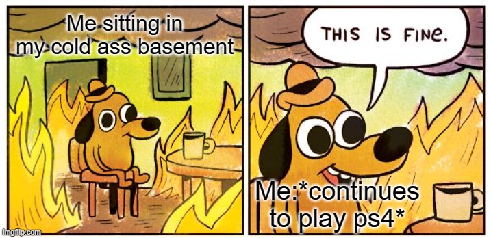 This Is Fine Meme | Me sitting in my cold ass basement; Me:*continues to play ps4* | image tagged in memes,this is fine | made w/ Imgflip meme maker