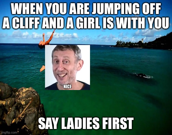 Jumping off a cliff | WHEN YOU ARE JUMPING OFF A CLIFF AND A GIRL IS WITH YOU; SAY LADIES FIRST | image tagged in yeet | made w/ Imgflip meme maker
