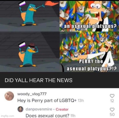 creator confirmed-perry is ace (not aromantic tho, he went on a date w a panda once) | made w/ Imgflip meme maker