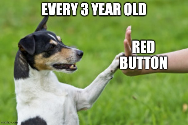 Kids these days | EVERY 3 YEAR OLD; RED BUTTON | image tagged in dog shaking paw | made w/ Imgflip meme maker