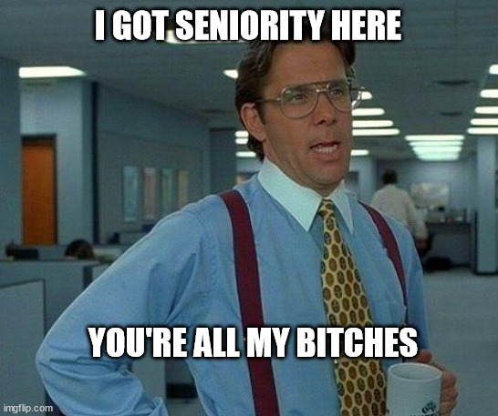 That Would Be Great Meme | I GOT SENIORITY HERE; YOU'RE ALL MY BITCHES | image tagged in memes,that would be great | made w/ Imgflip meme maker