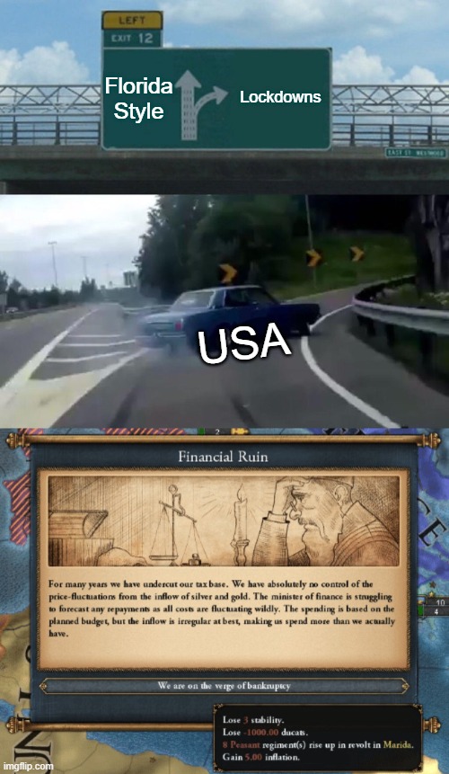2020 as portrayed by year 2040 textbooks | Florida Style; Lockdowns; USA | image tagged in memes,left exit 12 off ramp,historical meme,2020 | made w/ Imgflip meme maker