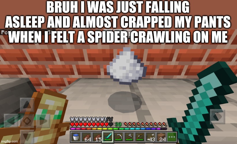 I nearly jumped out of my skin | BRUH I WAS JUST FALLING ASLEEP AND ALMOST CRAPPED MY PANTS WHEN I FELT A SPIDER CRAWLING ON ME | image tagged in minecraft cocaine | made w/ Imgflip meme maker