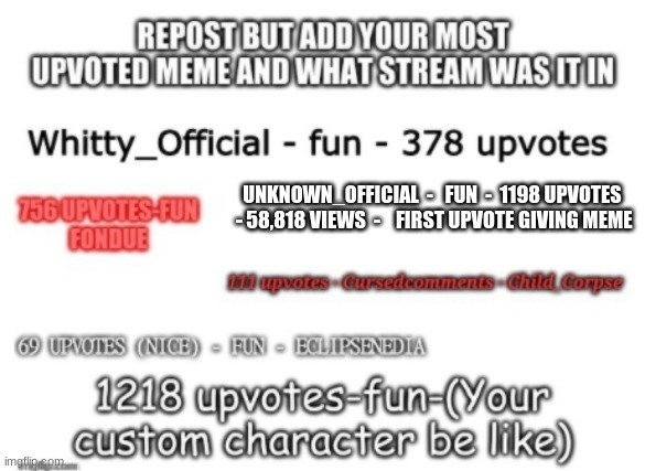 UNKNOWN_OFFICIAL  -   FUN  -  1198 UPVOTES  - 58,818 VIEWS  -    FIRST UPVOTE GIVING MEME | made w/ Imgflip meme maker