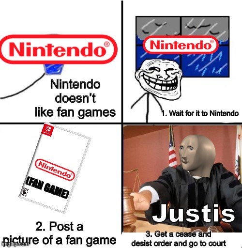 The Justis meme was the best I could get to an actual court room | Nintendo doesn’t like fan games; 1. Wait for it to Nintendo; (FAN GAME); 2. Post a picture of a fan game; 3. Get a cease and desist order and go to court | image tagged in cover yourself in oil | made w/ Imgflip meme maker