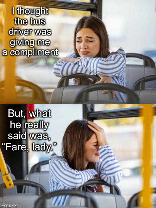 Fair Lady | I thought the bus driver was giving me a compliment; But, what he really said was, “Fare, lady.” | image tagged in funny memes,eyeroll,bad jokes | made w/ Imgflip meme maker
