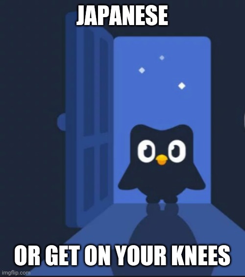 Duolingo bird | JAPANESE OR GET ON YOUR KNEES | image tagged in duolingo bird | made w/ Imgflip meme maker