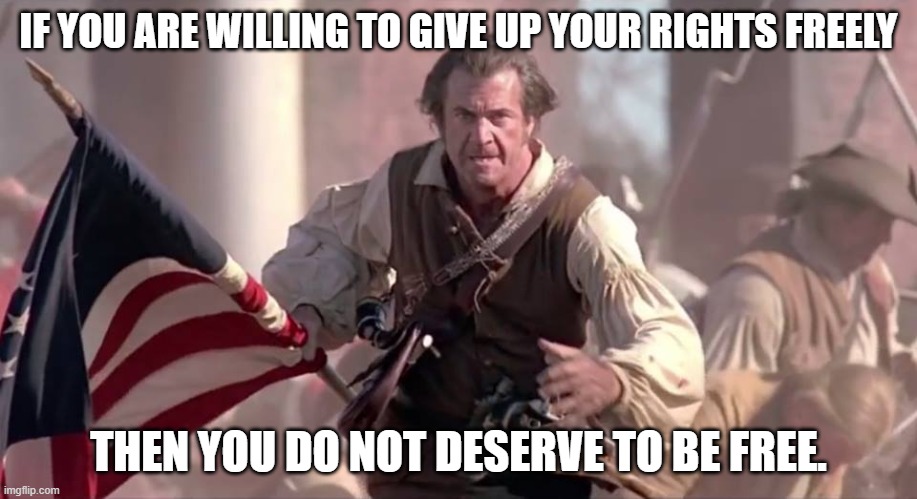 But you are however free to LEAVE our free country at any time. | IF YOU ARE WILLING TO GIVE UP YOUR RIGHTS FREELY; THEN YOU DO NOT DESERVE TO BE FREE. | image tagged in the patriot | made w/ Imgflip meme maker