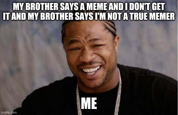memers be like | MY BROTHER SAYS A MEME AND I DON'T GET IT AND MY BROTHER SAYS I'M NOT A TRUE MEMER; ME | image tagged in memes,yo dawg heard you | made w/ Imgflip meme maker