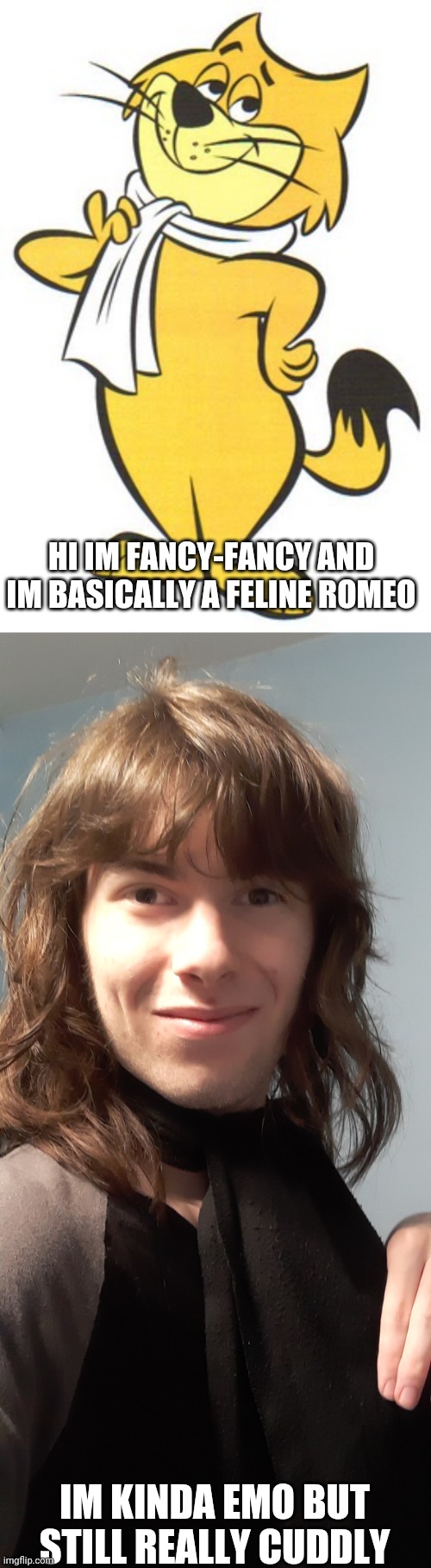 Happy vs. Mostly Happy | HI IM FANCY-FANCY AND IM BASICALLY A FELINE ROMEO; IM KINDA EMO BUT STILL REALLY CUDDLY | image tagged in top cat,me,fancy fancy | made w/ Imgflip meme maker