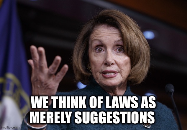 Good old Nancy Pelosi | WE THINK OF LAWS AS
MERELY SUGGESTIONS | image tagged in good old nancy pelosi | made w/ Imgflip meme maker