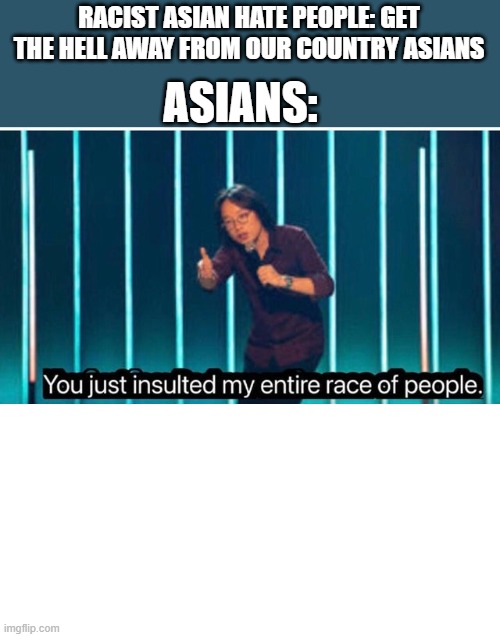 why did i made this | ASIANS:; RACIST ASIAN HATE PEOPLE: GET THE HELL AWAY FROM OUR COUNTRY ASIANS | image tagged in you just insulted my entire race of people | made w/ Imgflip meme maker