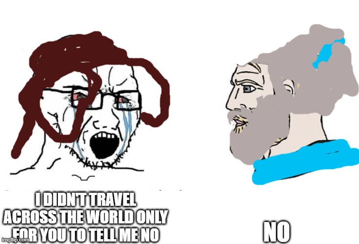 Soyboy Vs Yes Chad | NO; I DIDN'T TRAVEL ACROSS THE WORLD ONLY FOR YOU TO TELL ME NO | image tagged in soyboy vs yes chad | made w/ Imgflip meme maker